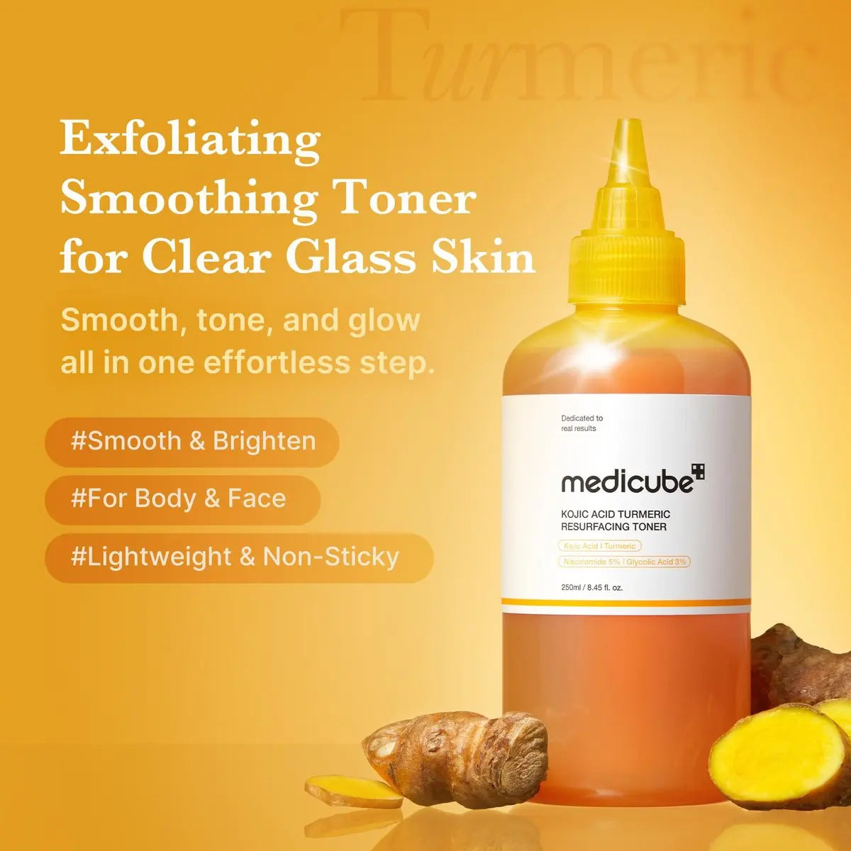 medicube Kojic Acid Turmeric Smoothing Toner for Face & Body | Lightweight Toner for Balancing Uneven Skin Tone & Texture | Niacinamide, Glycolic Acid for Clear Glass Skin | 8.45 fl.oz Avelisse