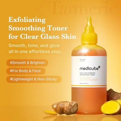 medicube Kojic Acid Turmeric Smoothing Toner for Face & Body | Lightweight Toner for Balancing Uneven Skin Tone & Texture | Niacinamide, Glycolic Acid for Clear Glass Skin | 8.45 fl.oz Avelisse