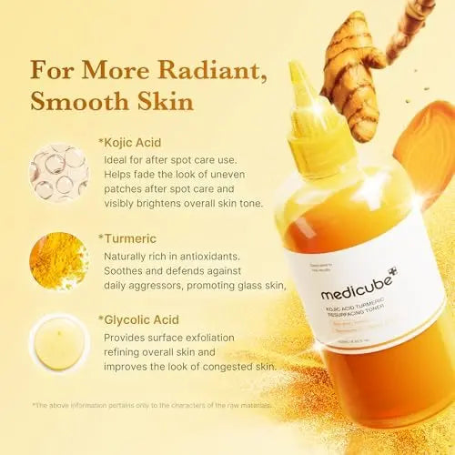 medicube Kojic Acid Turmeric Smoothing Toner for Face & Body | Lightweight Toner for Balancing Uneven Skin Tone & Texture | Niacinamide, Glycolic Acid for Clear Glass Skin | 8.45 fl.oz Avelisse