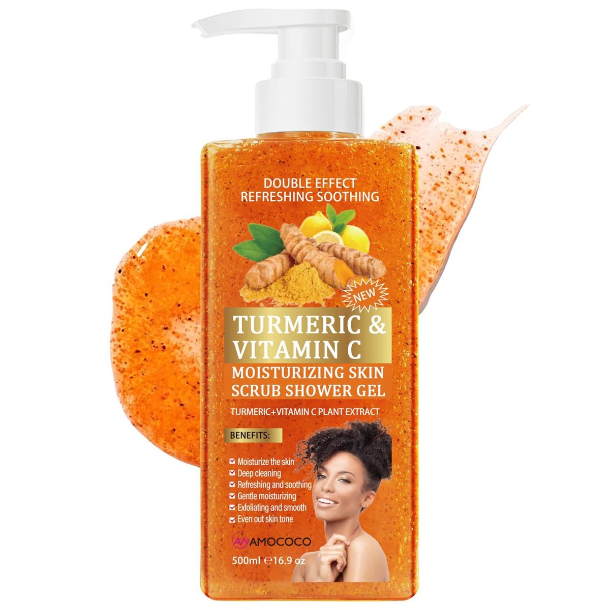 Amococo Turmeric Orange Vitamin C Body Wash with Cocoa Seed Exfoliant, Mattifying Scrub for Uneven Skin Texture, Body-Only Daily Use, 16.9 fl oz - görsel 1