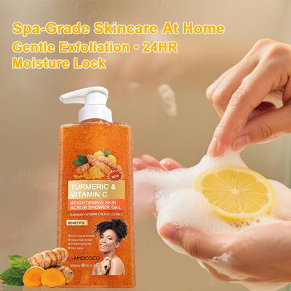 Amococo Turmeric Orange Vitamin C Body Wash with Cocoa Seed Exfoliant, Mattifying Scrub for Uneven Skin Texture, Body-Only Daily Use, 16.9 fl oz
