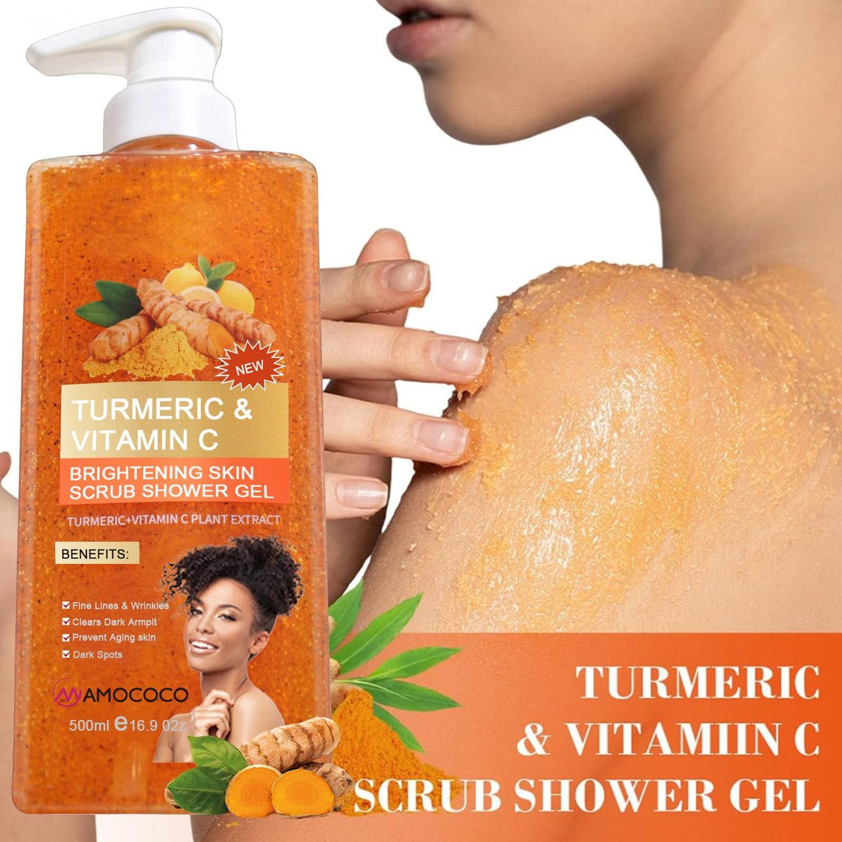 Amococo Turmeric Orange Vitamin C Body Wash with Cocoa Seed Exfoliant, Mattifying Scrub for Uneven Skin Texture, Body-Only Daily Use, 16.9 fl oz - görsel 3