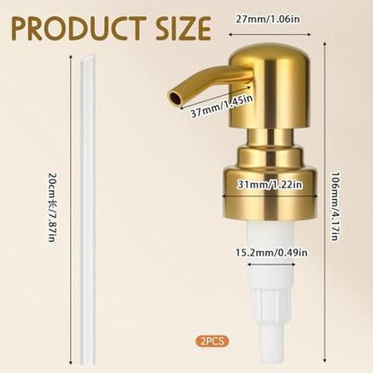 2 Pack Gold Soap Dispenser Pump Replacement, Stainless Steel Hand Liquid Soap Pump for Regular Mouth Bottles Standard 28/400 Neck Size for Hand Dish Soap Bottle and Lotion
