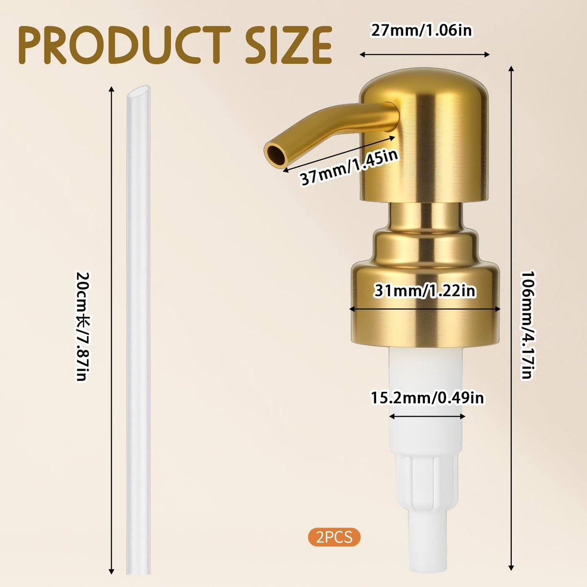 2 Pack Gold Soap Dispenser Pump Replacement, Stainless Steel Hand Liquid Soap Pump for Regular Mouth Bottles Standard 28/400 Neck Size for Hand Dish Soap Bottle and Lotion - görsel 3