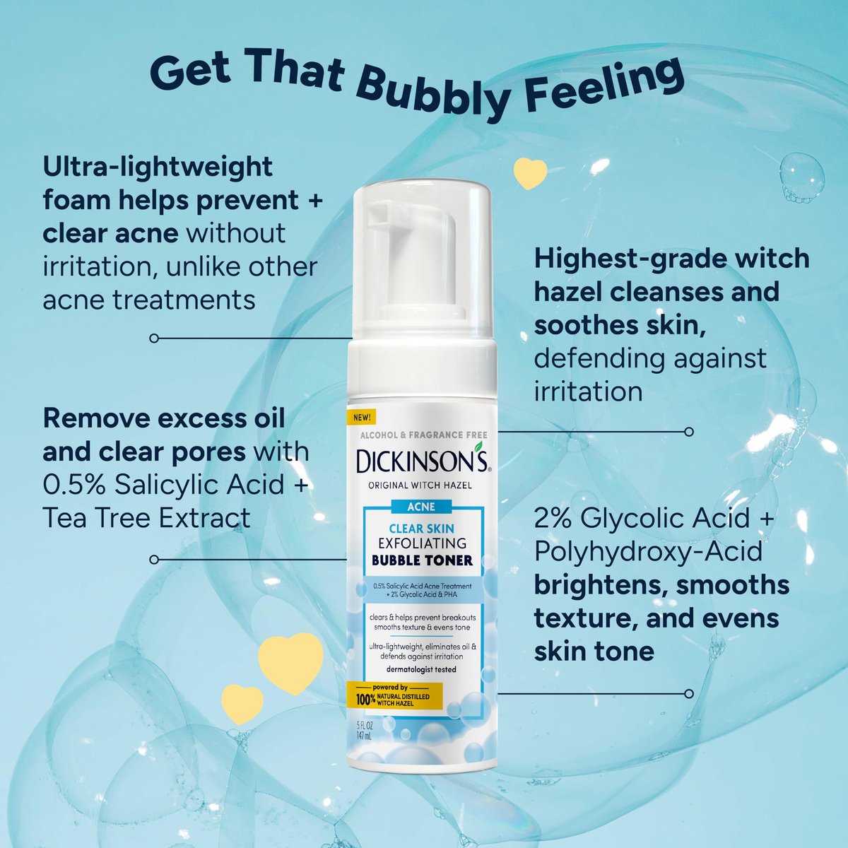 Dickinson’s Witch Hazel Exfoliating Bubble Toner with 0.5% Salicylic Acid, Glycolic Acid & Niacinamide – Clears Pores, Smooths Texture, Brightens Skin – Alcohol-Free, Fragrance-Free – 5 Fl Oz - görsel 3