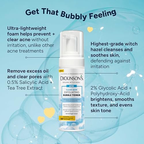 Dickinson’s Witch Hazel Exfoliating Bubble Toner with 0.5% Salicylic Acid, Glycolic Acid & Niacinamide – Clears Pores, Smooths Texture, Brightens Skin – Alcohol-Free, Fragrance-Free – 5 Fl Oz - görsel 4