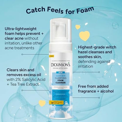 Dickinson's Witch Hazel Acne Foam Cleanser with 2% Salicylic Acid, Niacinamide & Tea Tree - Alcohol-Free, Fragrance-Free Gentle Daily Face Wash for Clear Skin, 7 Fl Oz