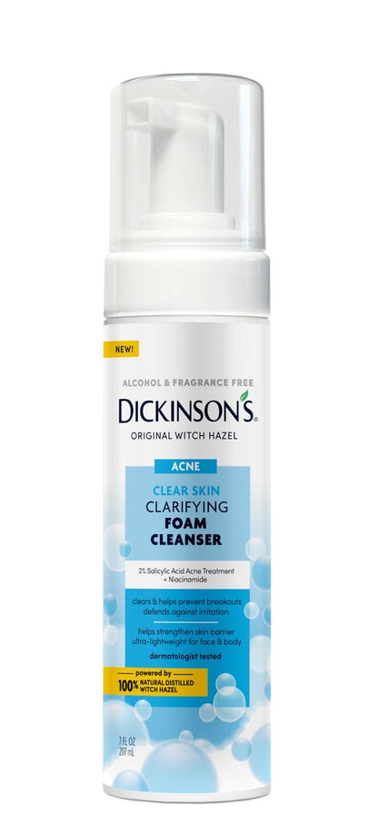 Dickinson's Witch Hazel Acne Foam Cleanser with 2% Salicylic Acid, Niacinamide & Tea Tree - Alcohol-Free, Fragrance-Free Gentle Daily Face Wash for Clear Skin, 7 Fl Oz