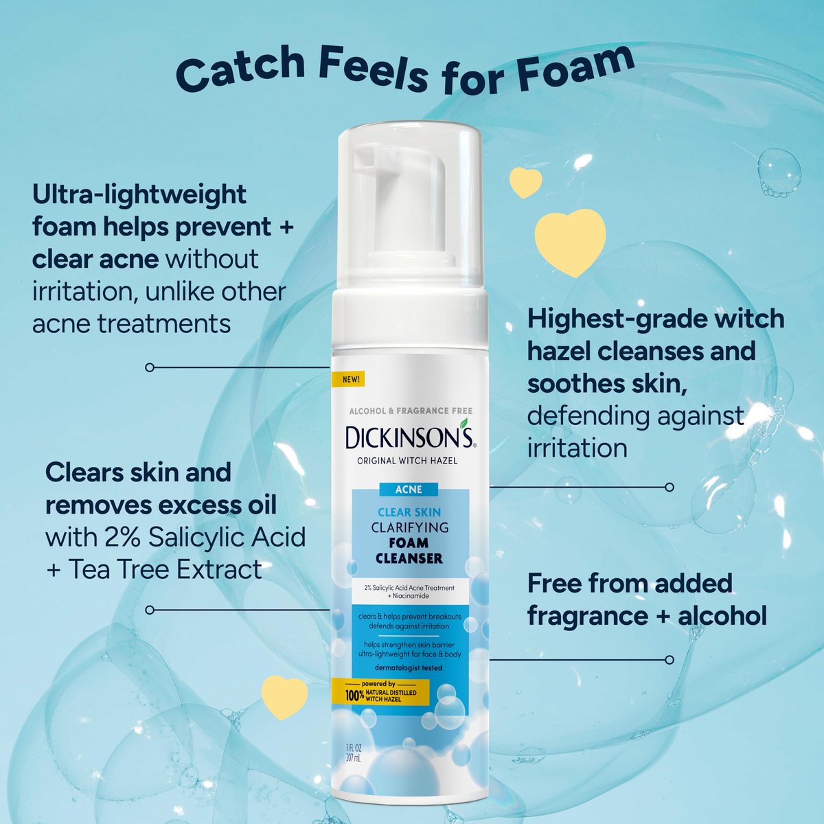 Dickinson's Witch Hazel Acne Foam Cleanser with 2% Salicylic Acid, Niacinamide & Tea Tree - Alcohol-Free, Fragrance-Free Gentle Daily Face Wash for Clear Skin, 7 Fl Oz - görsel 3
