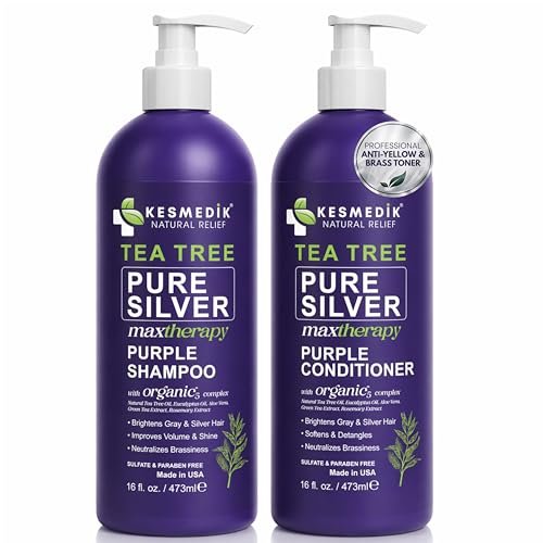 KESMEDIK Tea Tree Purple Shampoo & Conditioner Set - Anti Brass Toner for Gray, Blonde, Bleached & White Hair with Rosemary & Aloe - Sulfate-Free, 16 Fl Oz Each Avelisse