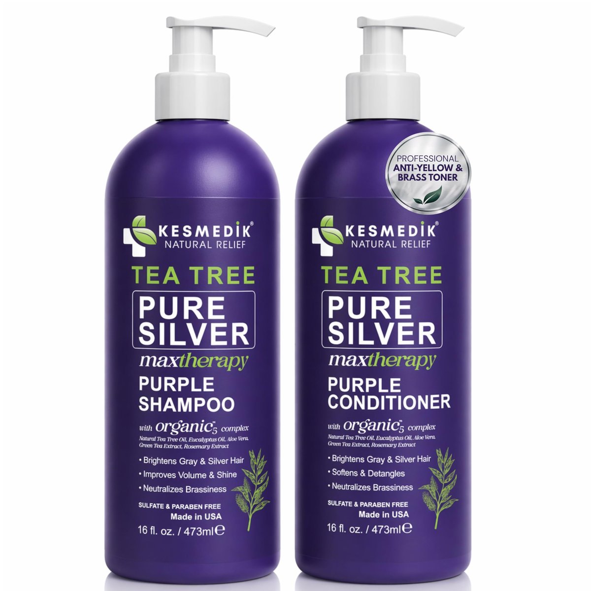 KESMEDIK Tea Tree Purple Shampoo & Conditioner Set - Anti Brass Toner for Gray, Blonde, Bleached & White Hair with Rosemary & Aloe - Sulfate-Free, 16 Fl Oz Each Avelisse