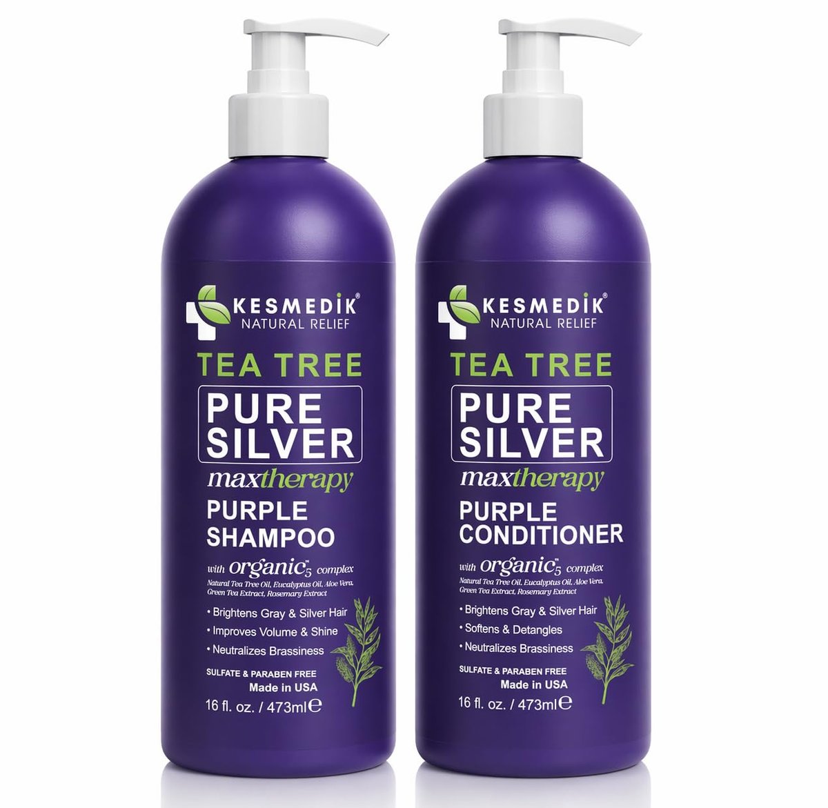 KESMEDIK Tea Tree Purple Shampoo & Conditioner Set - Anti Brass Toner for Gray, Blonde, Bleached & White Hair with Rosemary & Aloe - Sulfate-Free, 16 Fl Oz Each Avelisse