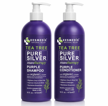 KESMEDIK Tea Tree Purple Shampoo & Conditioner Set - Anti Brass Toner for Gray, Blonde, Bleached & White Hair with Rosemary & Aloe - Sulfate-Free, 16 Fl Oz Each Avelisse