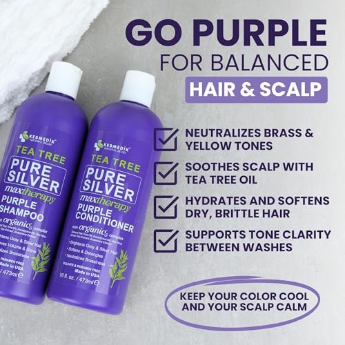 KESMEDIK Tea Tree Purple Shampoo & Conditioner Set - Anti Brass Toner for Gray, Blonde, Bleached & White Hair with Rosemary & Aloe - Sulfate-Free, 16 Fl Oz Each Avelisse