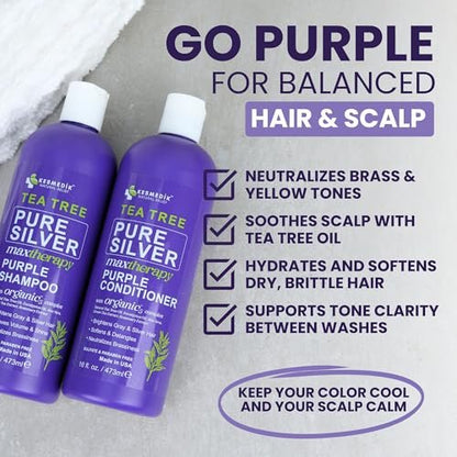 KESMEDIK Tea Tree Purple Shampoo & Conditioner Set - Anti Brass Toner for Gray, Blonde, Bleached & White Hair with Rosemary & Aloe - Sulfate-Free, 16 Fl Oz Each Avelisse