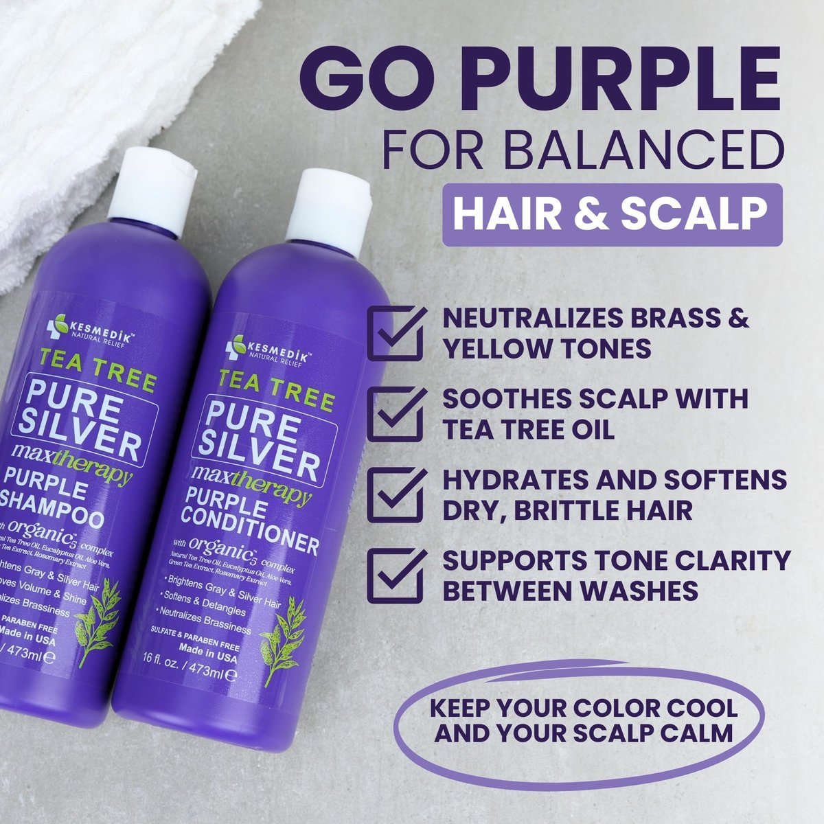 KESMEDIK Tea Tree Purple Shampoo & Conditioner Set - Anti Brass Toner for Gray, Blonde, Bleached & White Hair with Rosemary & Aloe - Sulfate-Free, 16 Fl Oz Each Avelisse