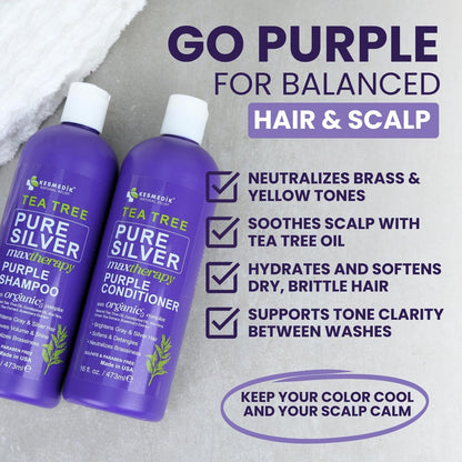 KESMEDIK Tea Tree Purple Shampoo & Conditioner Set - Anti Brass Toner for Gray, Blonde, Bleached & White Hair with Rosemary & Aloe - Sulfate-Free, 16 Fl Oz Each Avelisse