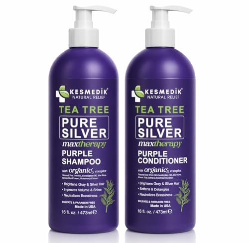 KESMEDIK Tea Tree Purple Shampoo & Conditioner Set - Anti Brass Toner for Gray, Blonde, Bleached & White Hair with Rosemary & Aloe - Sulfate-Free, 16 Fl Oz Each Avelisse