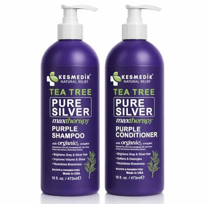 KESMEDIK Tea Tree Purple Shampoo & Conditioner Set - Anti Brass Toner for Gray, Blonde, Bleached & White Hair with Rosemary & Aloe - Sulfate-Free, 16 Fl Oz Each Avelisse