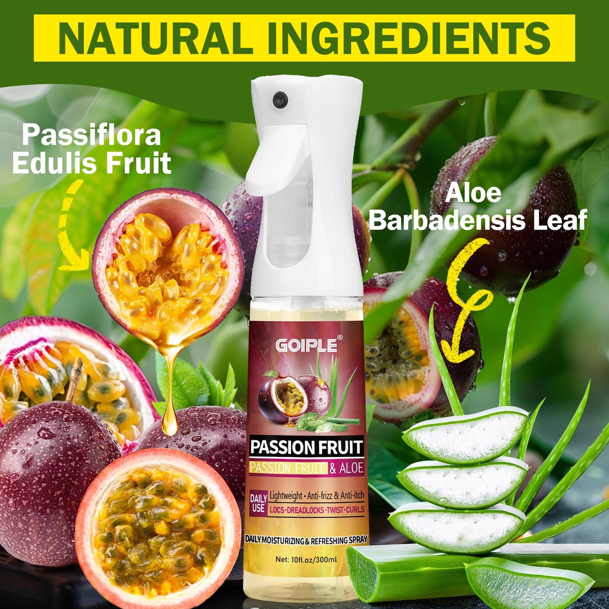 Goiple Loc Moisturizing Spray for Dull, Dry Locs - Daily Passion Fruit Hair and Scalp Moisturizer for Dreadlocks, Locs, Microlocks, Braids - Lightweight Refreshing Moisturizer Loc Spray for Anti-Frizz (10 Fl Oz) - görsel 3