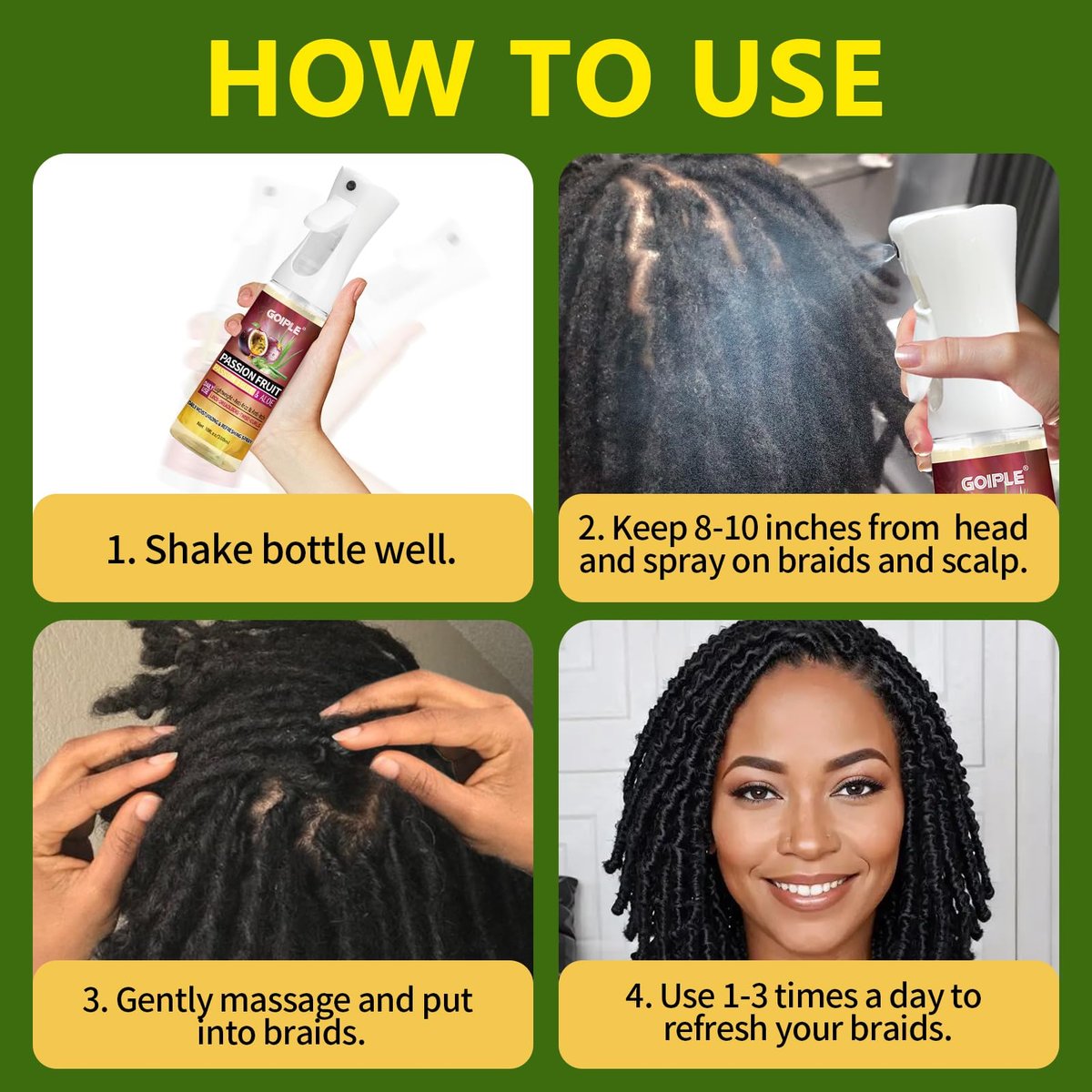 Goiple Loc Moisturizing Spray for Dull, Dry Locs - Daily Passion Fruit Hair and Scalp Moisturizer for Dreadlocks, Locs, Microlocks, Braids - Lightweight Refreshing Moisturizer Loc Spray for Anti-Frizz (10 Fl Oz) - görsel 11