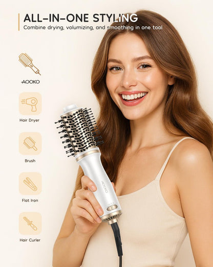 AOOKO Dual Voltage Mini Hair Dryer Brush – 4 in 1 Blow Dryer Brush for European Travel, 120-240V International Use, Ceramic Hot Air Brush, Champagne Gold Avelisse