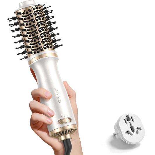 AOOKO Dual Voltage Mini Hair Dryer Brush – 4 in 1 Blow Dryer Brush for European Travel, 120-240V International Use, Ceramic Hot Air Brush, Champagne Gold Avelisse