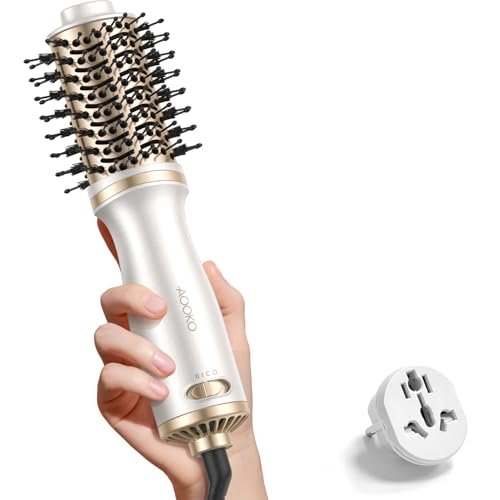 AOOKO Dual Voltage Mini Hair Dryer Brush – 4 in 1 Blow Dryer Brush for European Travel, 120-240V International Use, Ceramic Hot Air Brush, Champagne Gold Avelisse