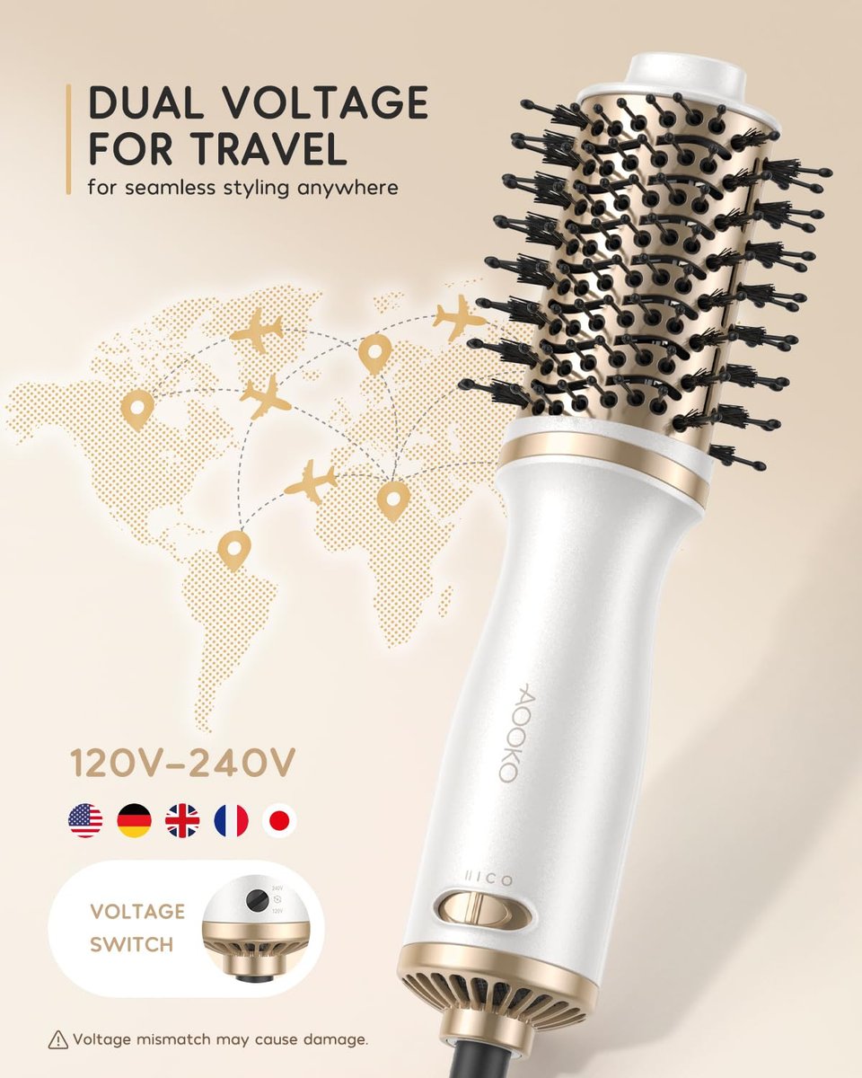 AOOKO Dual Voltage Mini Hair Dryer Brush – 4 in 1 Blow Dryer Brush for European Travel, 120-240V International Use, Ceramic Hot Air Brush, Champagne Gold Avelisse