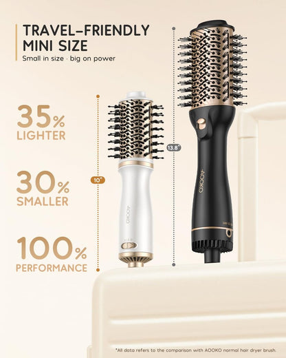 AOOKO Dual Voltage Mini Hair Dryer Brush – 4 in 1 Blow Dryer Brush for European Travel, 120-240V International Use, Ceramic Hot Air Brush, Champagne Gold Avelisse