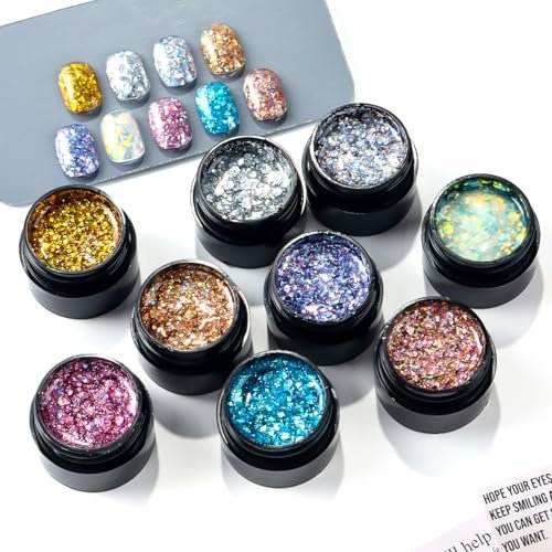 SUTOZMIWE Glitter Gel Nail Polish Set - 9 Colors Holographic Laser Effect Sparkle Shimmer 3D Gels, Soak Off UV Nail Polish for Home Salon DIY Manicure - görsel 16