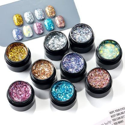 SUTOZMIWE Glitter Gel Nail Polish Set - 9 Colors Holographic Laser Effect Sparkle Shimmer 3D Gels, Soak Off UV Nail Polish for Home Salon DIY Manicure