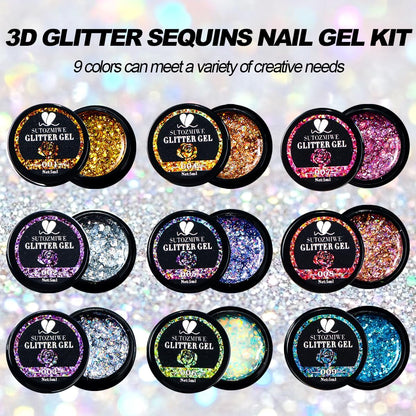 SUTOZMIWE Glitter Gel Nail Polish Set - 9 Colors Holographic Laser Effect Sparkle Shimmer 3D Gels, Soak Off UV Nail Polish for Home Salon DIY Manicure