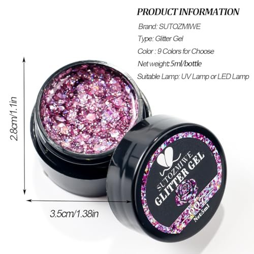 SUTOZMIWE Glitter Gel Nail Polish Set - 9 Colors Holographic Laser Effect Sparkle Shimmer 3D Gels, Soak Off UV Nail Polish for Home Salon DIY Manicure - görsel 14