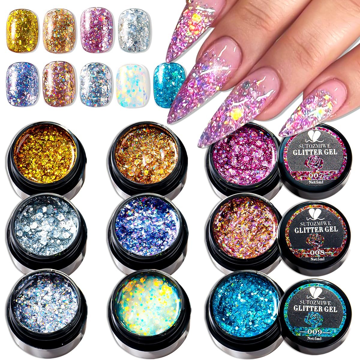 SUTOZMIWE Glitter Gel Nail Polish Set - 9 Colors Holographic Laser Effect Sparkle Shimmer 3D Gels, Soak Off UV Nail Polish for Home Salon DIY Manicure - görsel 1