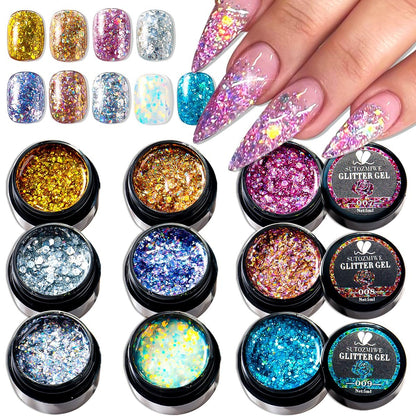 SUTOZMIWE Glitter Gel Nail Polish Set - 9 Colors Holographic Laser Effect Sparkle Shimmer 3D Gels, Soak Off UV Nail Polish for Home Salon DIY Manicure