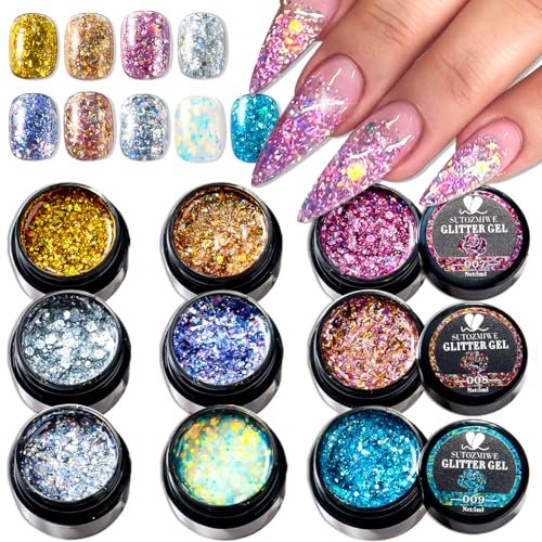 SUTOZMIWE Glitter Gel Nail Polish Set - 9 Colors Holographic Laser Effect Sparkle Shimmer 3D Gels, Soak Off UV Nail Polish for Home Salon DIY Manicure - görsel 2