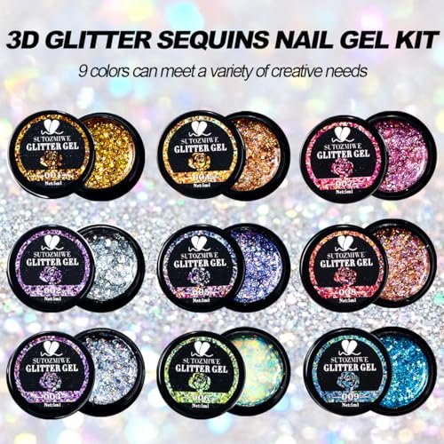 SUTOZMIWE Glitter Gel Nail Polish Set - 9 Colors Holographic Laser Effect Sparkle Shimmer 3D Gels, Soak Off UV Nail Polish for Home Salon DIY Manicure - görsel 4