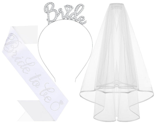 Papoopy 3-Piece Bride to Be Headband Set with Sash and Veil - Bachelorette Party Decorations & Bridal Shower Accessories for Gift, Favors