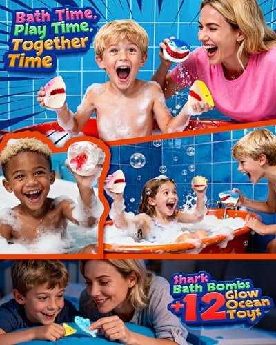 Shark Bath Bombs for Kids with Surprise Inside – 12 Pack Handmade Natural Clean Shower Bombs with Glow-in-The-Dark Ocean Toys, Great Christmas, Holiday & Birthday Gift for Boys Girls Kids Toddlers Avelisse