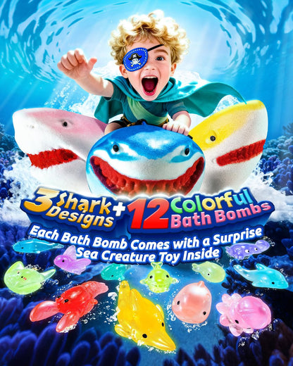 Shark Bath Bombs for Kids with Surprise Inside – 12 Pack Handmade Natural Clean Shower Bombs with Glow-in-The-Dark Ocean Toys, Great Christmas, Holiday & Birthday Gift for Boys Girls Kids Toddlers Avelisse