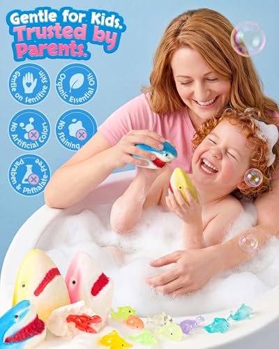 Shark Bath Bombs for Kids with Surprise Inside – 12 Pack Handmade Natural Clean Shower Bombs with Glow-in-The-Dark Ocean Toys, Great Christmas, Holiday & Birthday Gift for Boys Girls Kids Toddlers Avelisse