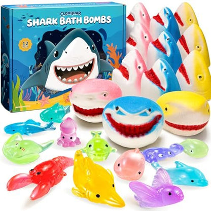 Shark Bath Bombs for Kids with Surprise Inside – 12 Pack Handmade Natural Clean Shower Bombs with Glow-in-The-Dark Ocean Toys, Great Christmas, Holiday & Birthday Gift for Boys Girls Kids Toddlers Avelisse