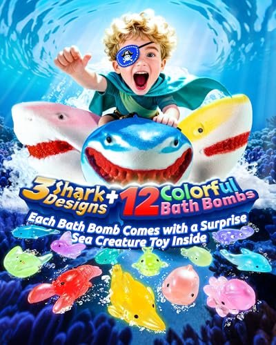 Shark Bath Bombs for Kids with Surprise Inside – 12 Pack Handmade Natural Clean Shower Bombs with Glow-in-The-Dark Ocean Toys, Great Christmas, Holiday & Birthday Gift for Boys Girls Kids Toddlers Avelisse
