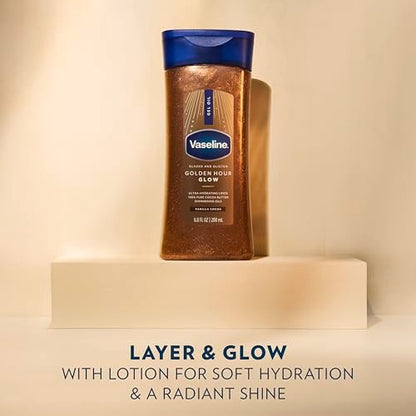 Vaseline Glazed and Glisten Golden Hour Body Gel Oil Glow - Vanilla Cocoa Shimmering with Ultra-Hydrating Lipids and 100% Pure Cocoa Butter, 6.8 oz