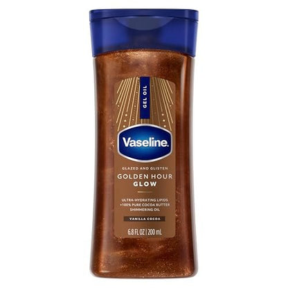 Vaseline Glazed and Glisten Golden Hour Body Gel Oil Glow - Vanilla Cocoa Shimmering with Ultra-Hydrating Lipids and 100% Pure Cocoa Butter, 6.8 oz