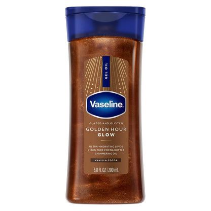 Vaseline Glazed and Glisten Golden Hour Body Gel Oil Glow - Vanilla Cocoa Shimmering with Ultra-Hydrating Lipids and 100% Pure Cocoa Butter, 6.8 oz