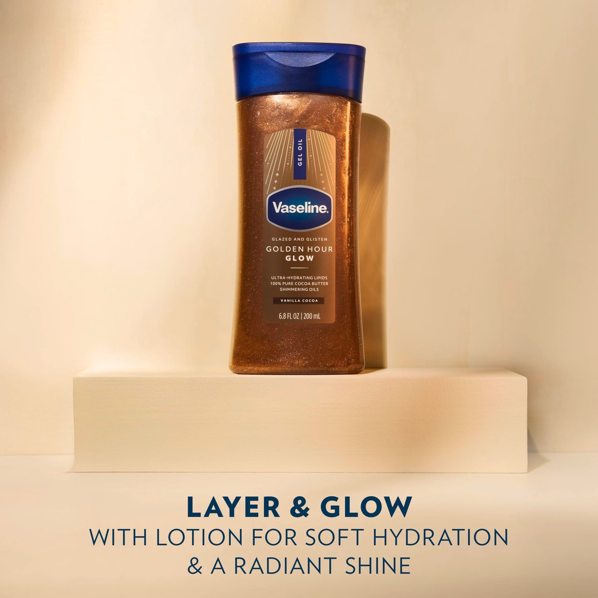 Vaseline Glazed and Glisten Golden Hour Body Gel Oil Glow - Vanilla Cocoa Shimmering with Ultra-Hydrating Lipids and 100% Pure Cocoa Butter, 6.8 oz - görsel 7