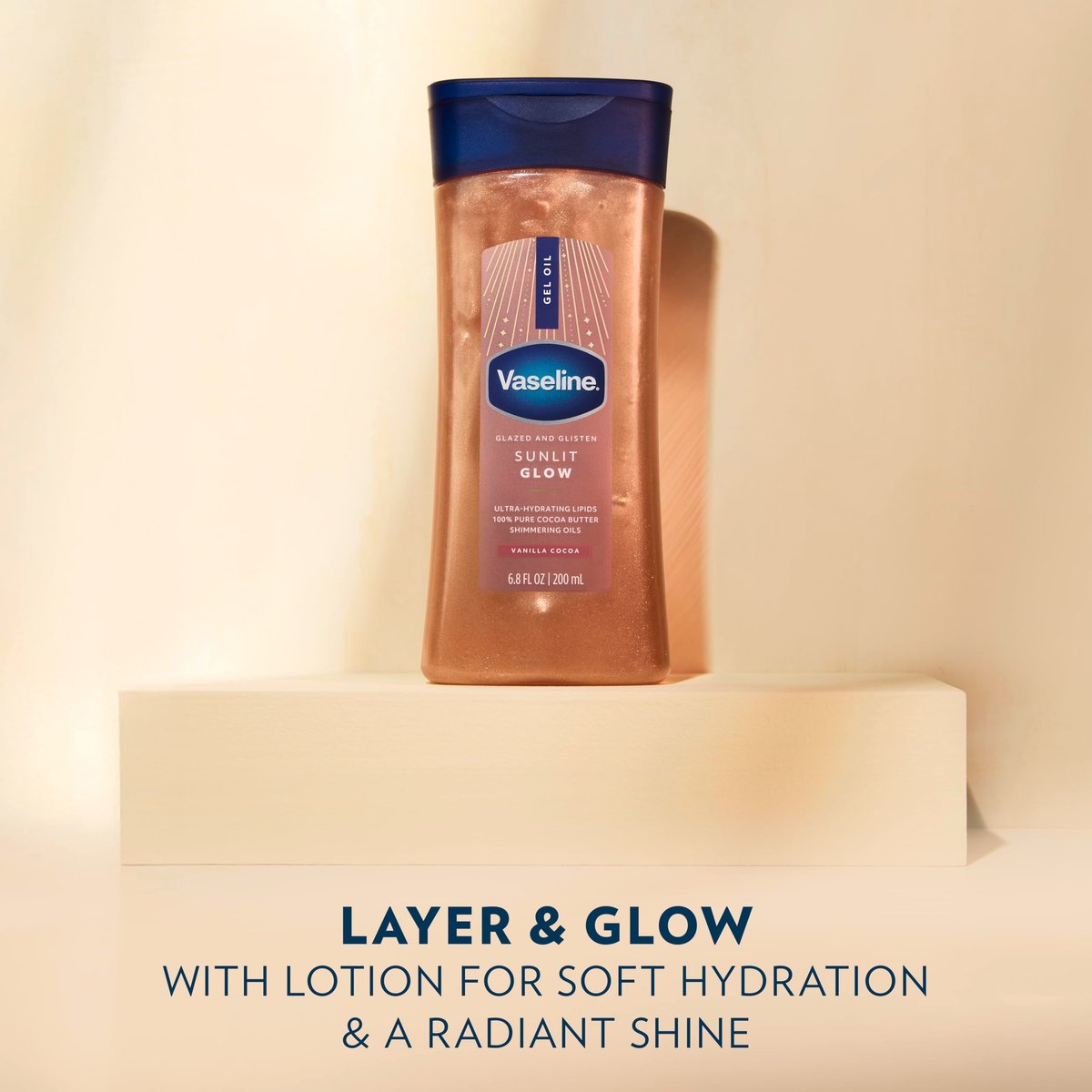 Vaseline Glazed and Glisten Sunlit Glow Body Gel Oil with Vanilla Cocoa & Shimmer – Ultra-Hydrating Lipids & 100% Pure Cocoa Butter, 6.8 oz - görsel 8