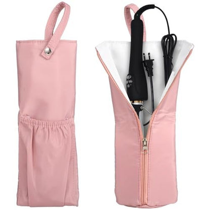 OMISTAR 2-Pack Heat Resistant Curling Iron Bags - Hanging Holder & Mat for Flat Irons, Travel Storage Pouch for Hot Hair Tools, Portable Zipper Bag for Home & Travel (Pink)
